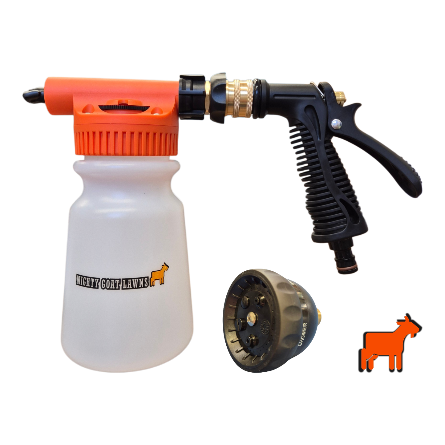 Mighty Goat Lawns 2L orange hose-on sprayer variant – front product shot on white background