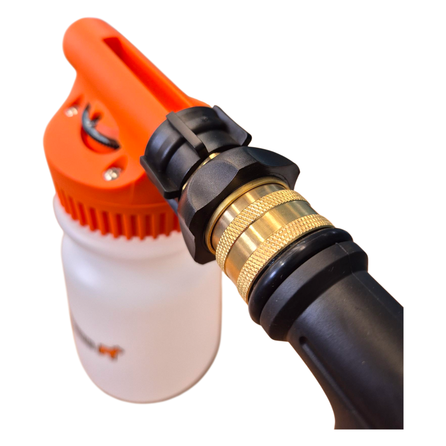 Mighty Goat Lawns hose-on sprayer showing 5-setting dilution dial from 1:100 to 1:5