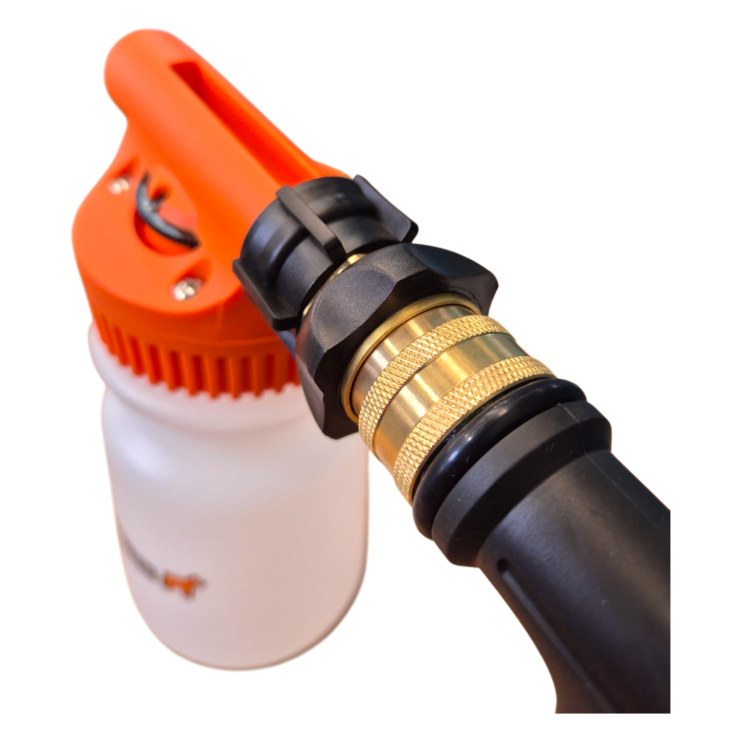 Mighty Goat Lawns hose-on sprayer showing 5-setting dilution dial from 1:100 to 1:5