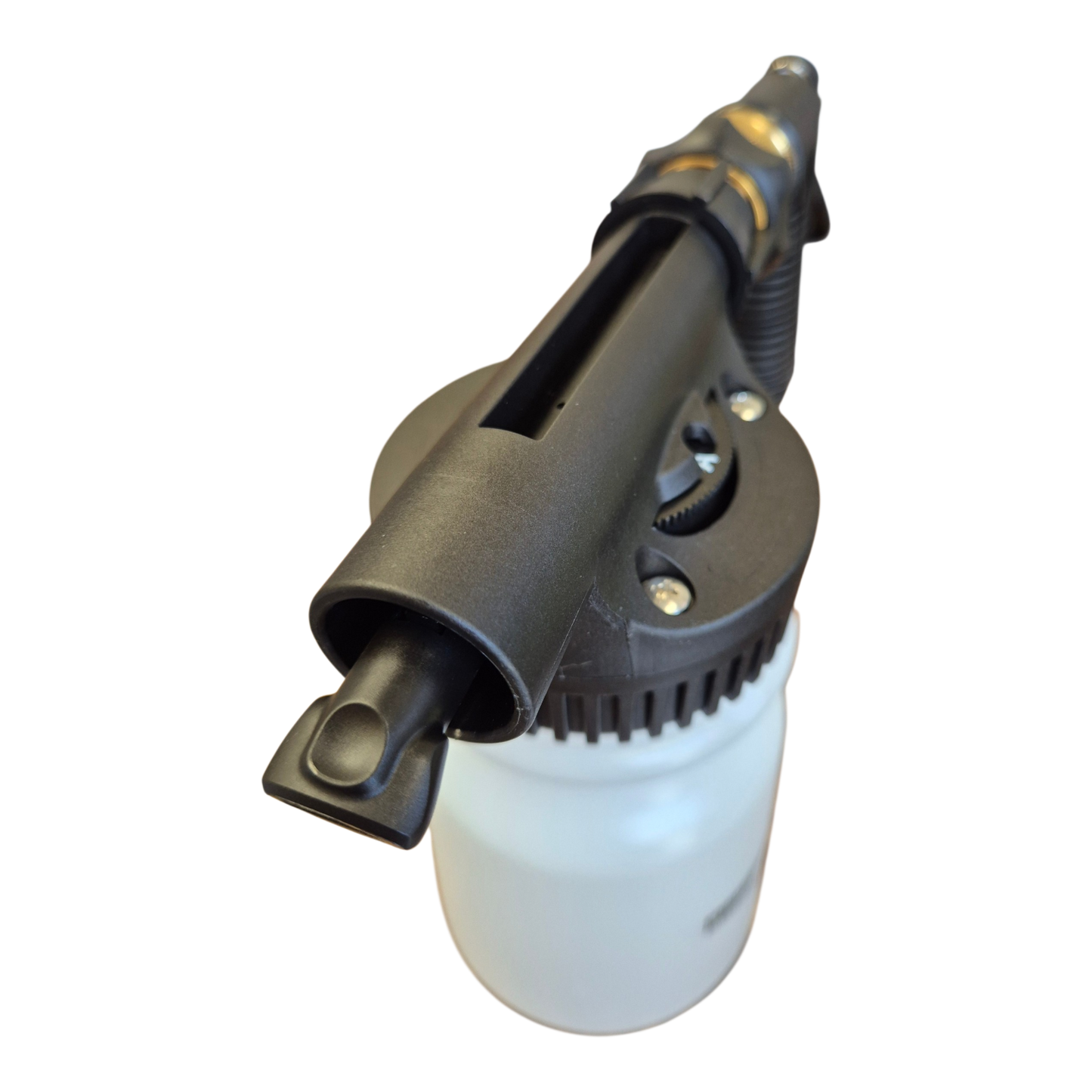 Mighty Goat Lawns hose-on sprayer applying wetting agent or soil conditioner in garden