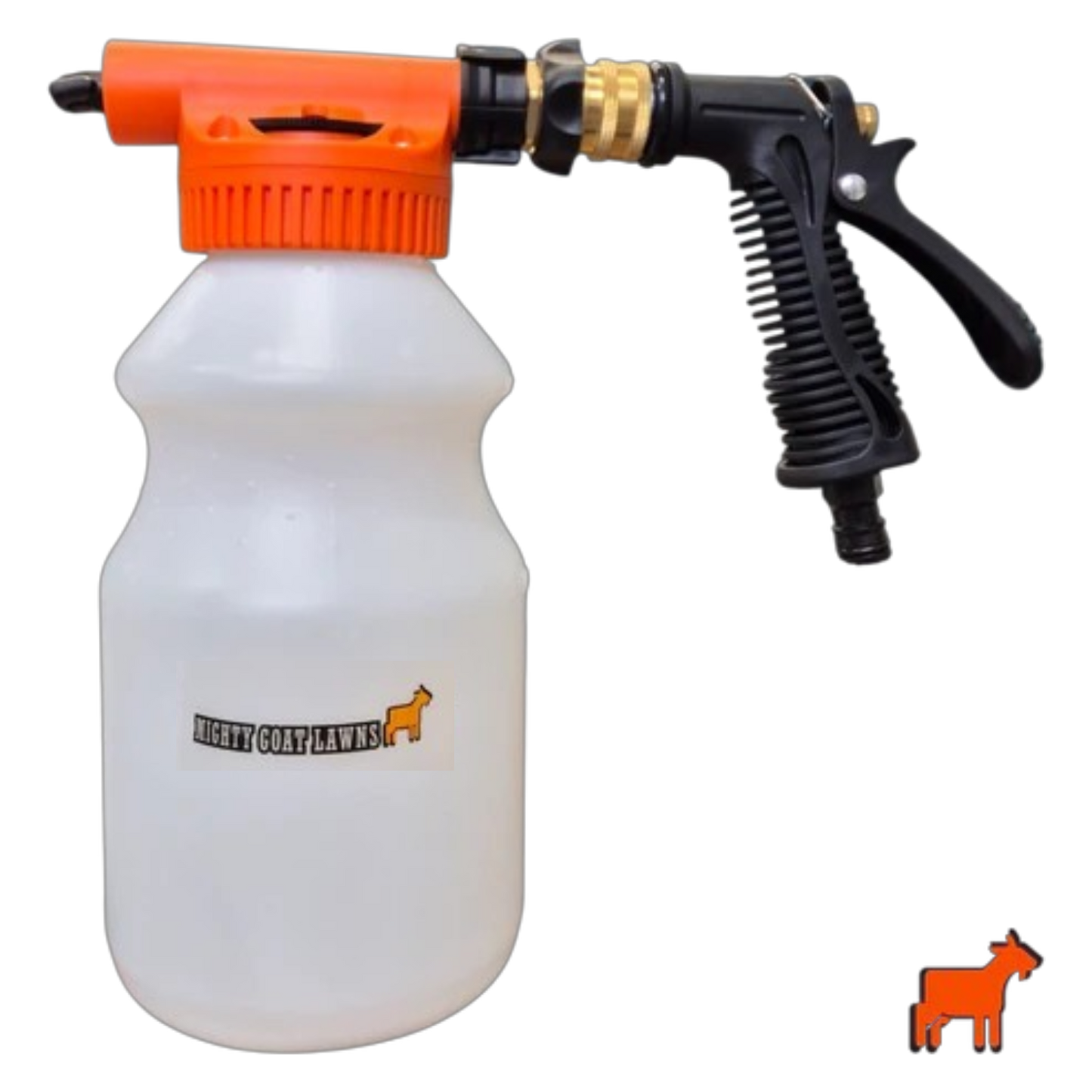 Mighty Goat Lawns hose-on sprayer 1L and 2L product range in orange