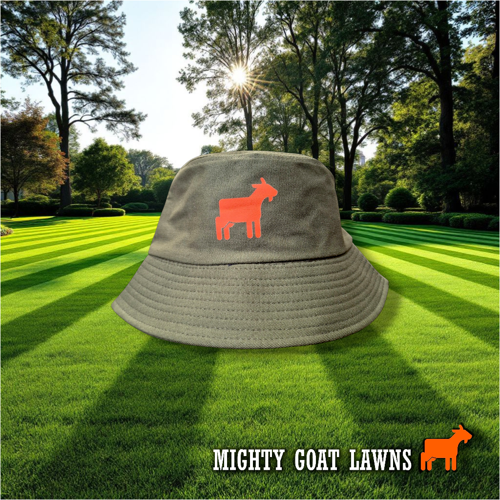 Angled view of Mighty Goat Lawns bucket hat with embroidered logo design