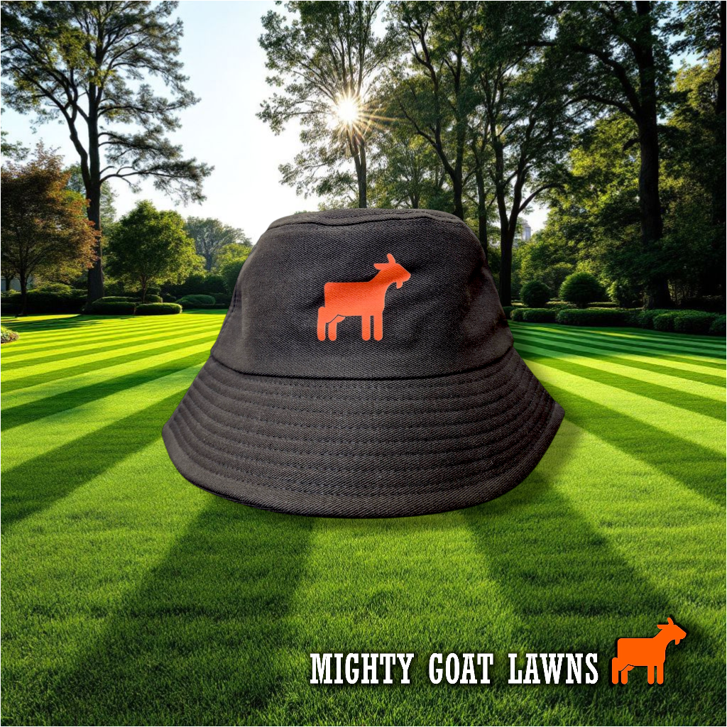 Mighty Goat Lawns bucket hat front view showing branded lawn care merchandise hat