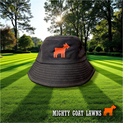 Mighty Goat Lawns bucket hat front view showing branded lawn care merchandise hat