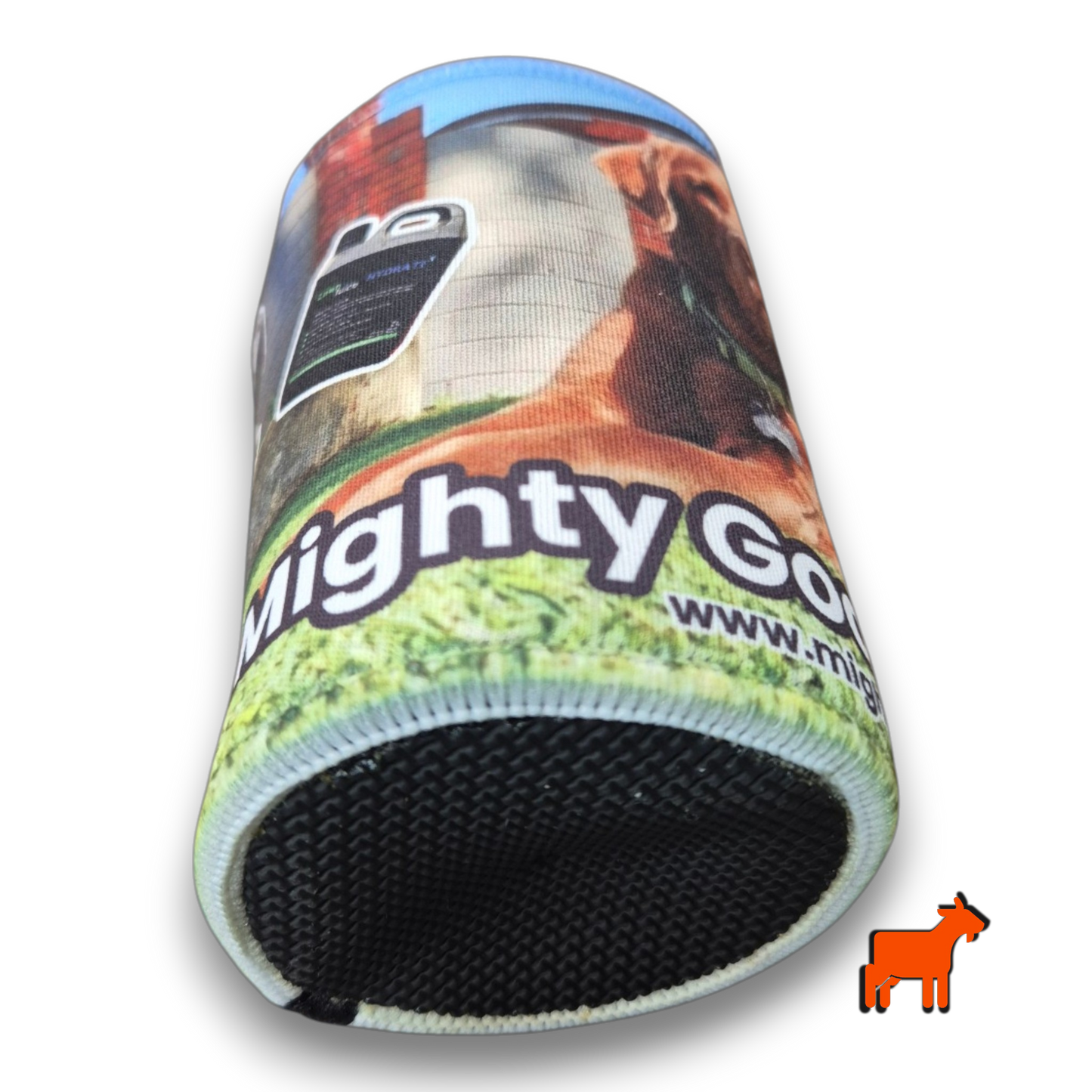 Close up of Mighty Goat Lawns logo printed on stubby holder material