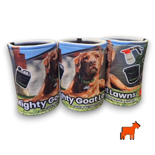 Angled view of Mighty Goat Lawns stubby holder showing full logo design