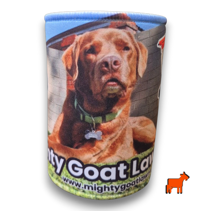 Mighty Goat Lawns stubby holder front view showing branded lawn care merchandise