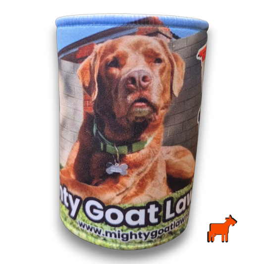 Mighty Goat Lawns stubby holder front view showing branded lawn care merchandise