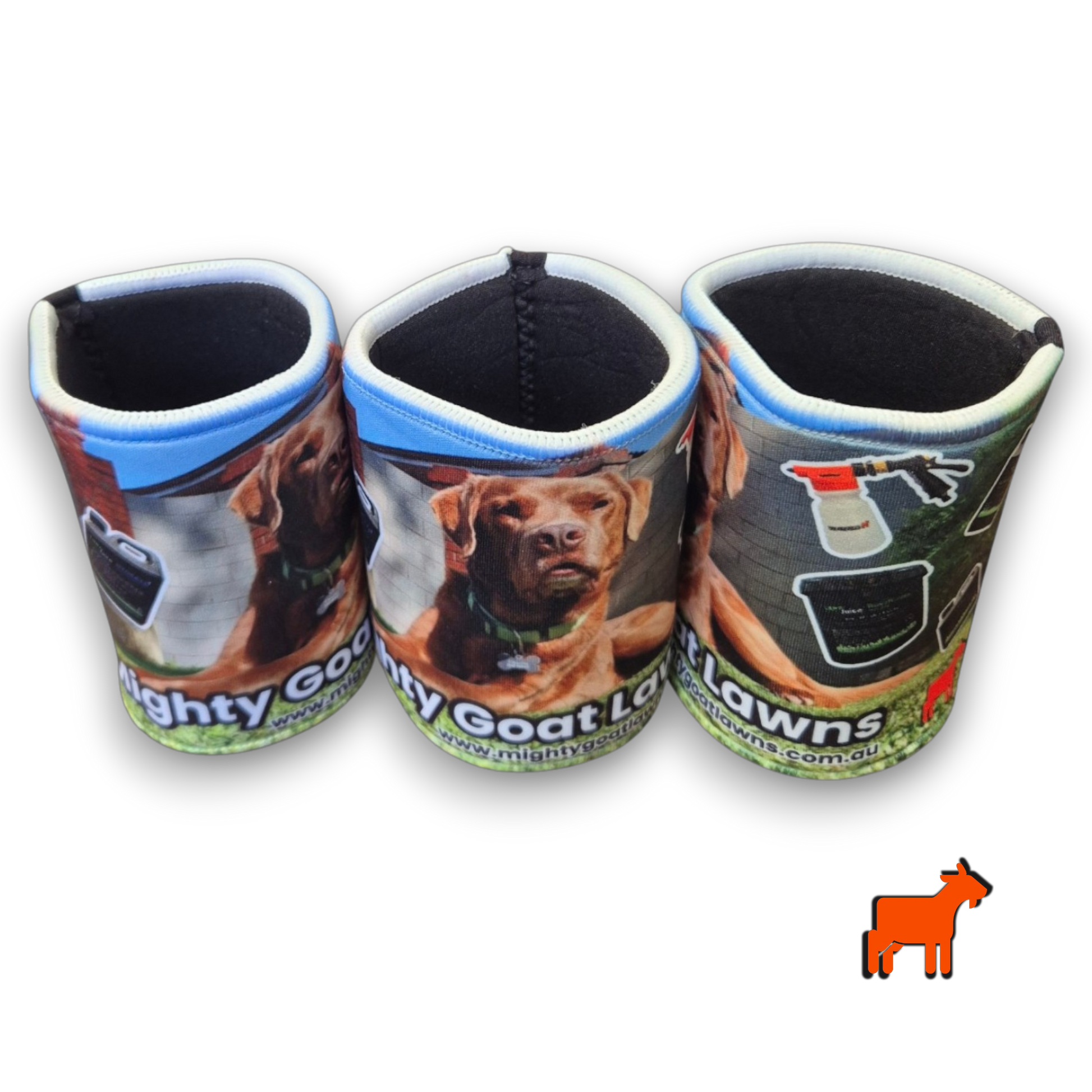 Mighty Goat Lawns stubby holder placed on lawn during backyard mowing and lawn care