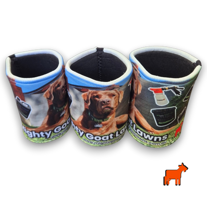Mighty Goat Lawns stubby holder placed on lawn during backyard mowing and lawn care