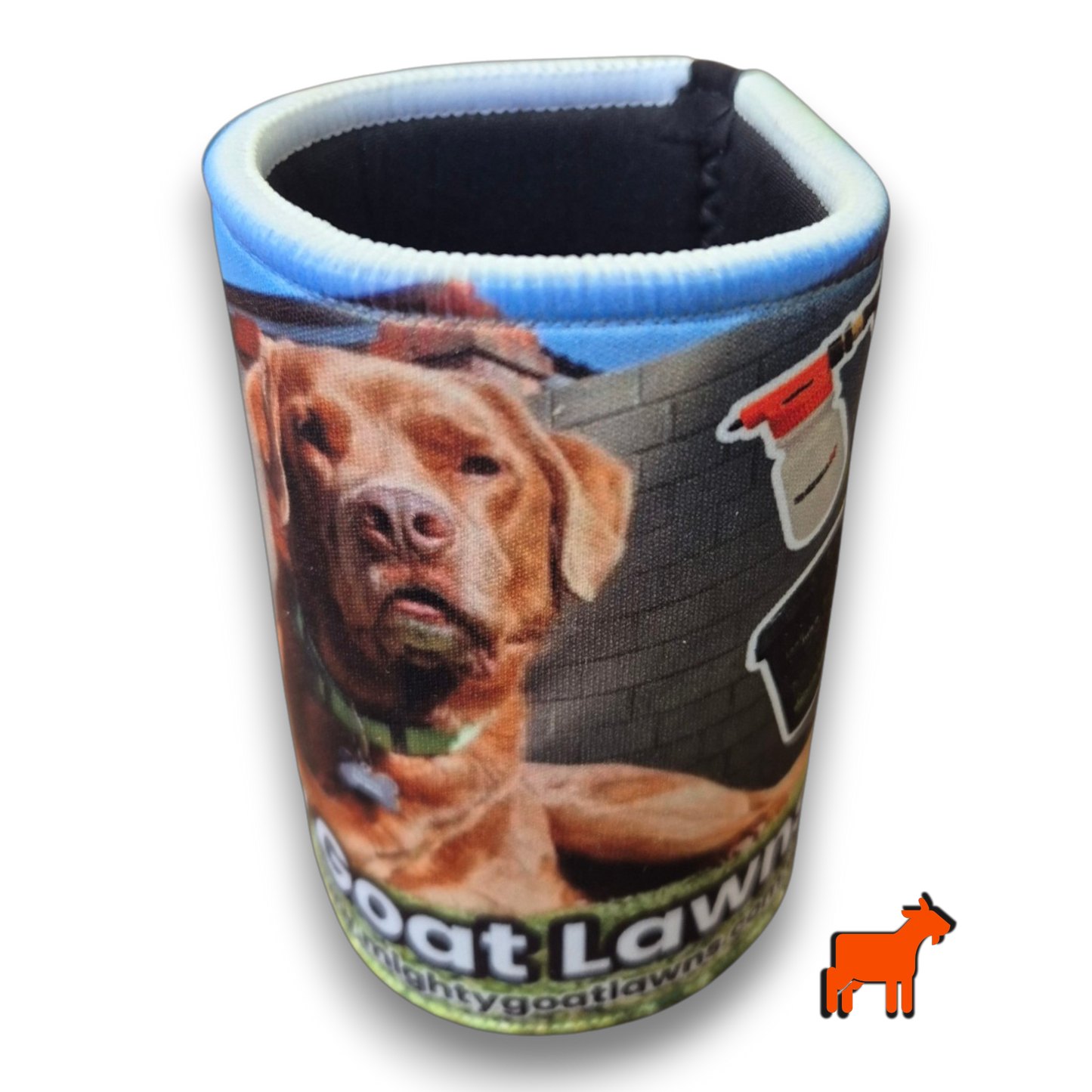 Mighty Goat Lawns stubby holder placed on lawn during backyard mowing and lawn care