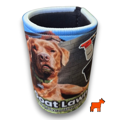 Mighty Goat Lawns stubby holder placed on lawn during backyard mowing and lawn care
