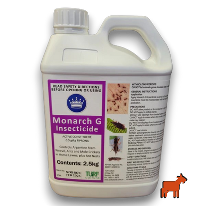 Monarch G 2.5kg Fipronil granular insecticide for mole cricket, funnel ant and Argentine stem weevil control in Australian lawns