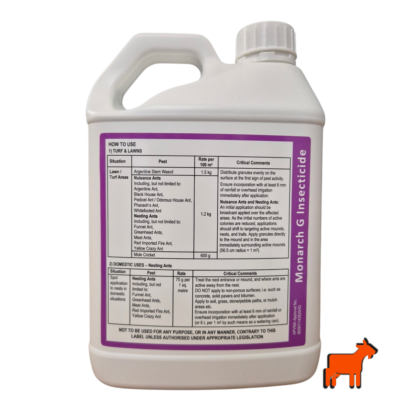 Monarch G back label showing application rates and instructions for mole cricket, ant and Argentine stem weevil control
