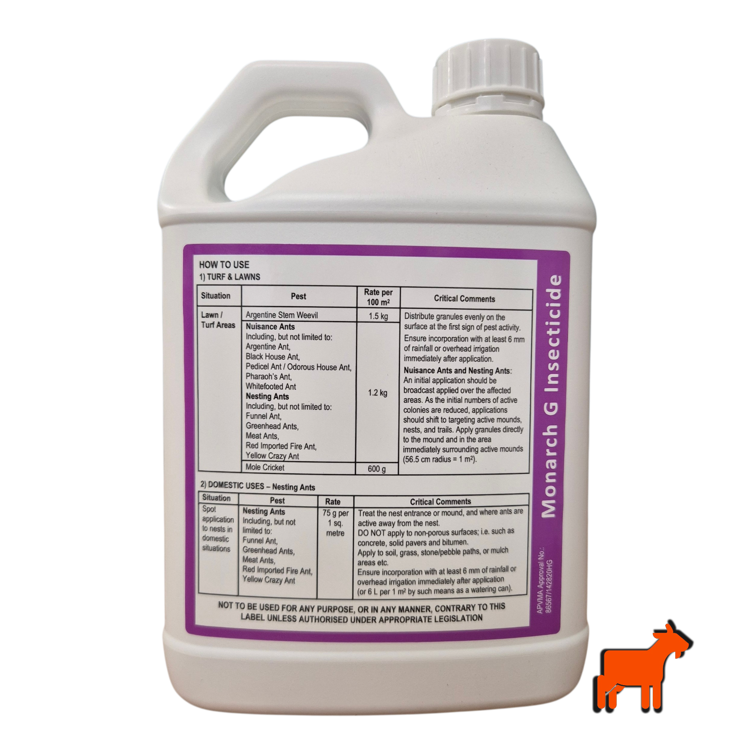 Monarch G back label showing application rates and instructions for mole cricket, ant and Argentine stem weevil control