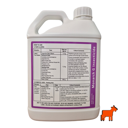 Monarch G back label showing application rates and instructions for mole cricket, ant and Argentine stem weevil control