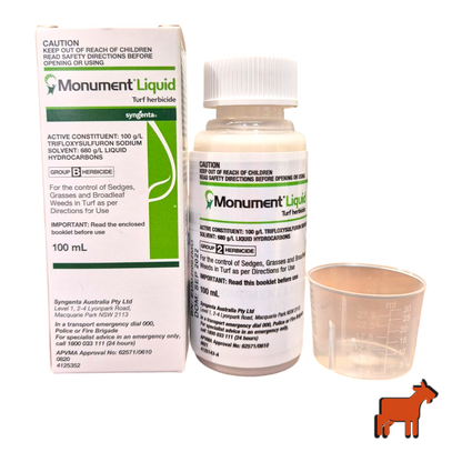Monument Herbicide 100ml front label – selective liquid turf herbicide for kikuyu suppression and wintergrass control in couch