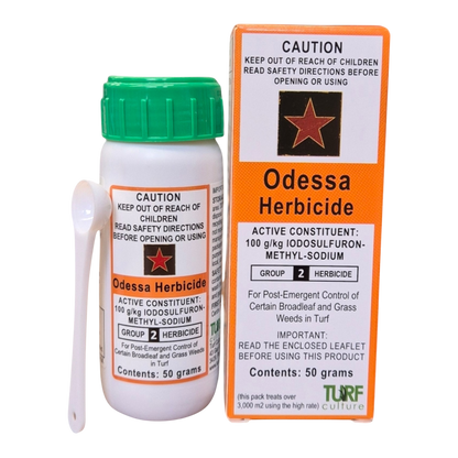 Odessa Herbicide bottle – selective post-emergent weed killer safe on Buffalo, Couch and Kikuyu lawns