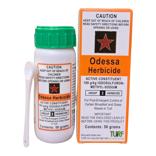 Odessa Herbicide bottle – selective post-emergent weed killer safe on Buffalo, Couch and Kikuyu lawns