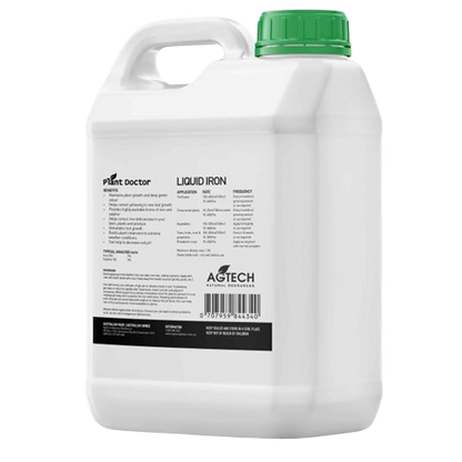 Plant Doctor Liquid Iron 1L back label showing 7%Fe and 3%S analysis and application rate for lawn iron deficiency