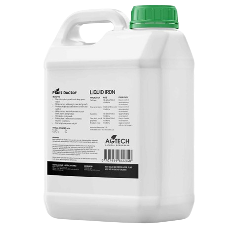 Plant Doctor Liquid Iron 1L back label showing 7%Fe and 3%S analysis and application rate for lawn iron deficiency