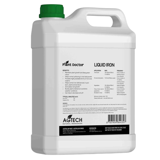 Plant Doctor Liquid Iron 4L back label showing application rates and directions for treating iron chlorosis in lawns