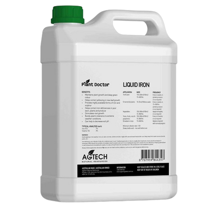 Plant Doctor Liquid Iron 4L back label showing application rates and directions for treating iron chlorosis in lawns