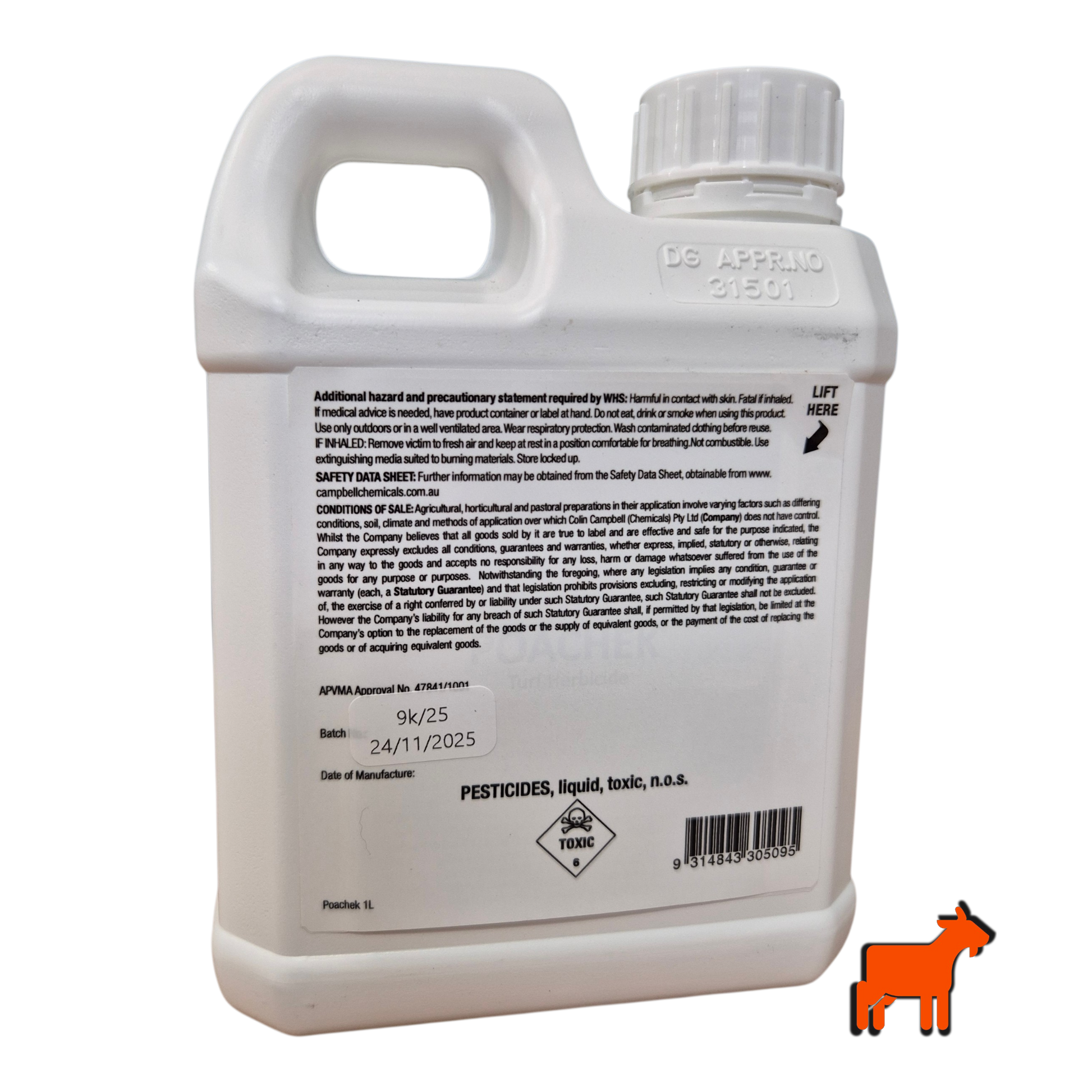 Poachek wintergrass herbicide back label showing directions for use and safety information