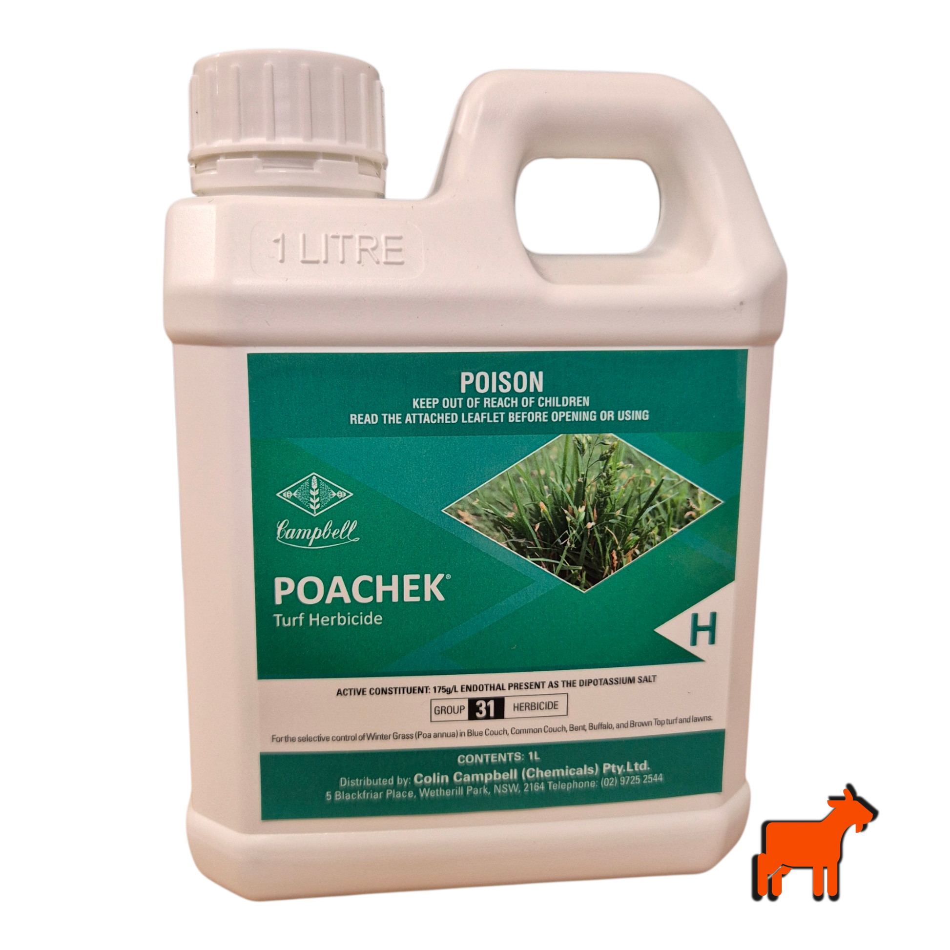 Poachek wintergrass herbicide front label showing application rate and lawn type compatibility