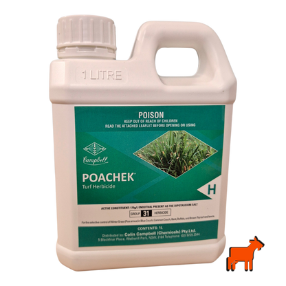 Poachek wintergrass herbicide front label showing application rate and lawn type compatibility