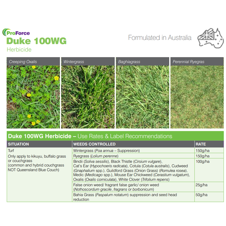ProForce Duke 100WG herbicide label showing registered weed targets including onion weed and Guildford grass