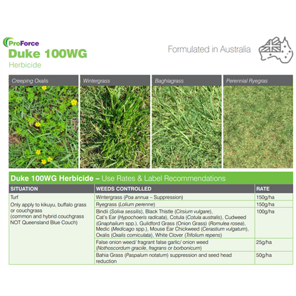 ProForce Duke 100WG herbicide label showing registered weed targets including onion weed and Guildford grass