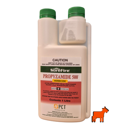 Front view of Propyzamide 500 herbicide packaging for lawn weed control