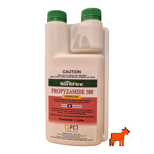 Front view of Propyzamide 500 herbicide packaging for lawn weed control