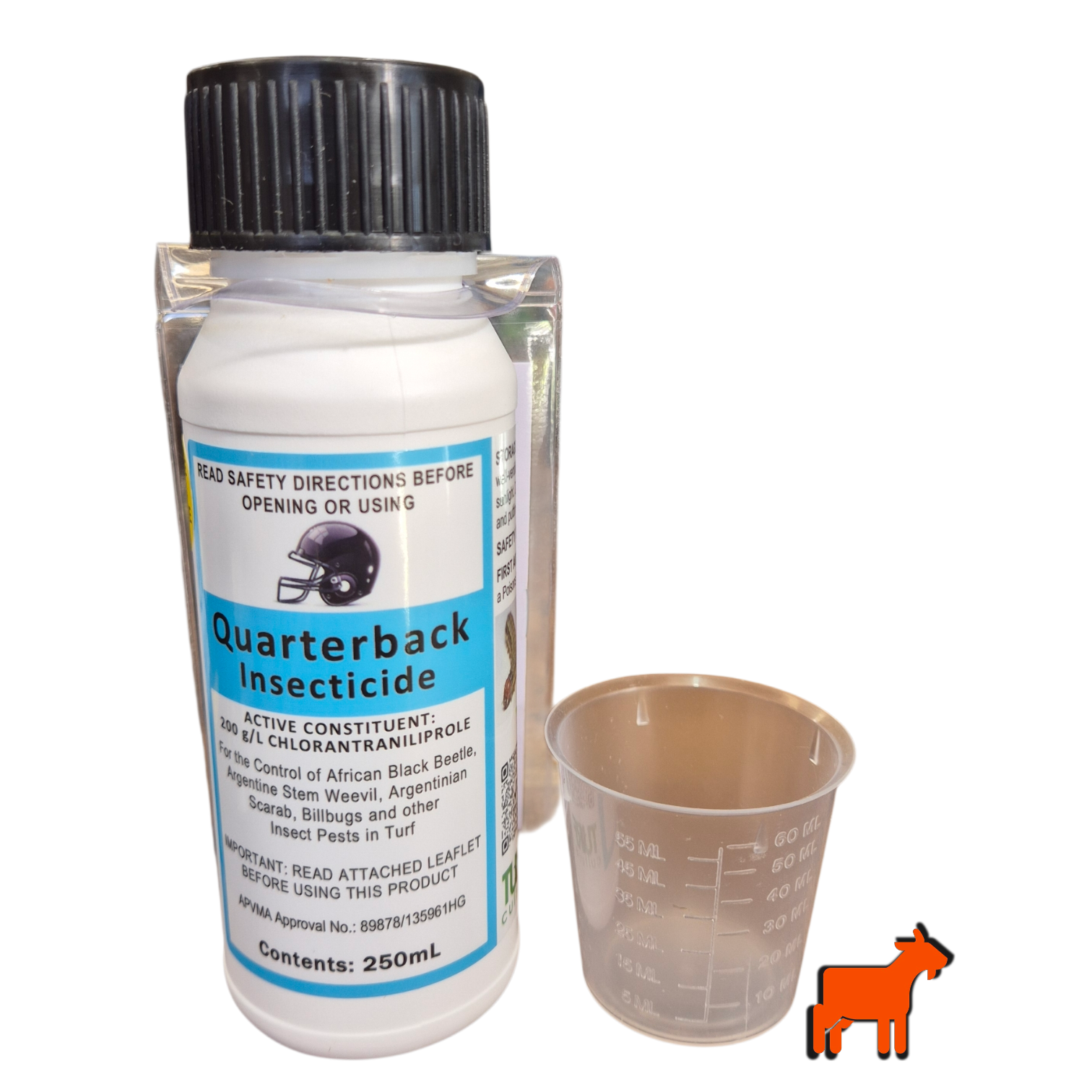 Quarterback Insecticide 250ml bottle with measuring cup for lawn grub and armyworm control