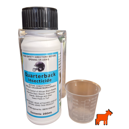 Quarterback Insecticide 250ml bottle with measuring cup for lawn grub and armyworm control
