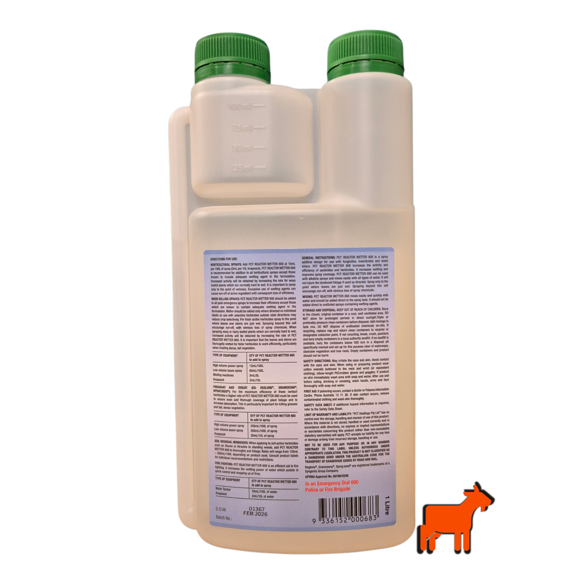 Reactor Wetter 600 1L back label showing application rates for herbicide, fungicide and insecticide use