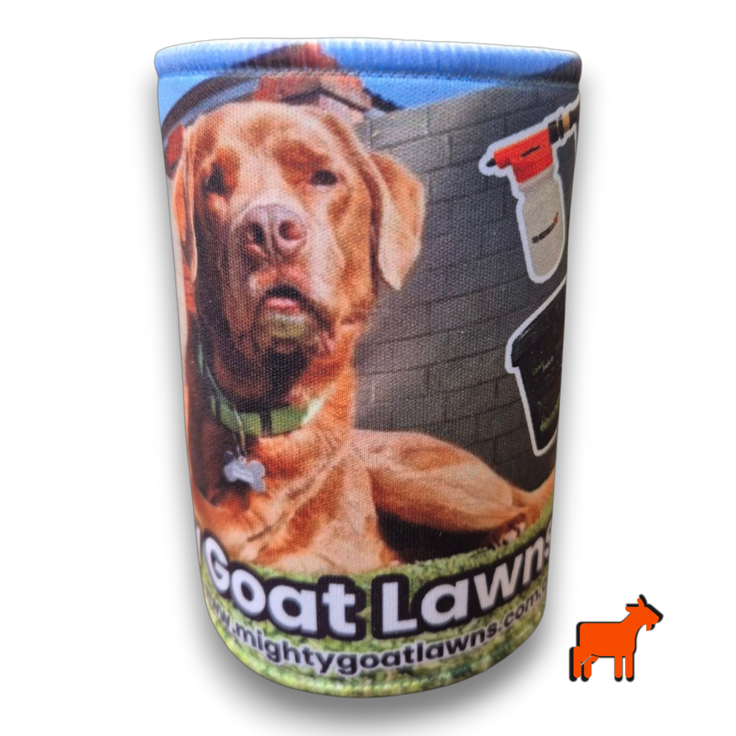 Beer can inside Mighty Goat Lawns stubby holder keeping drink cold outdoors