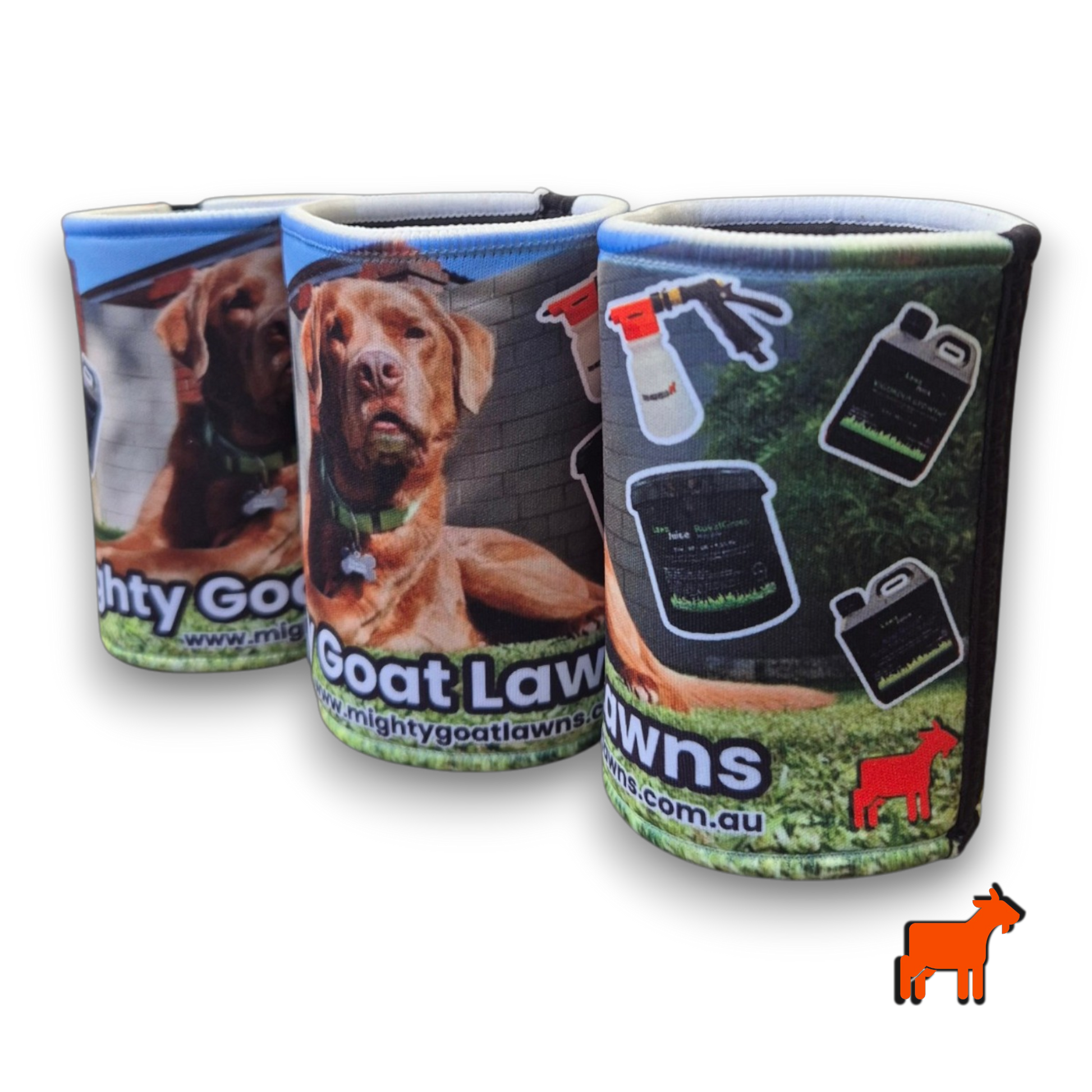 Flat lay image of Mighty Goat Lawns stubby holder showing full product design clearly