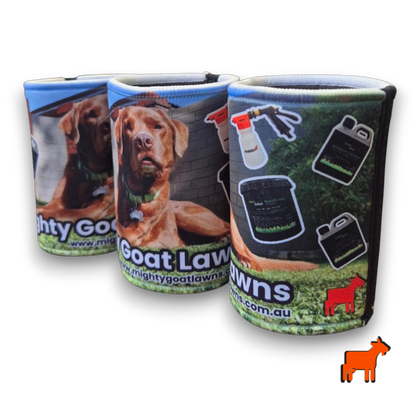 Flat lay image of Mighty Goat Lawns stubby holder showing full product design clearly