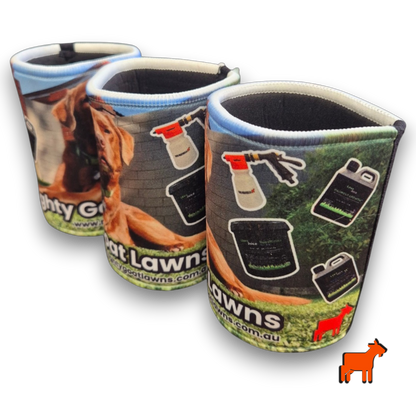 Flat lay image of Mighty Goat Lawns stubby holder showing full product design clearly