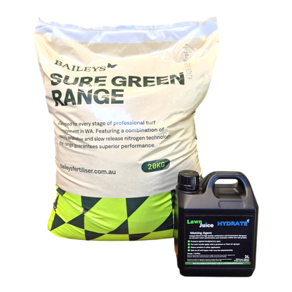 Summer Essentials Mini-Prill bundle – Baileys SureGreen Profile 20kg and Lawn Juice Hydrate 2L wetting agent hero shot