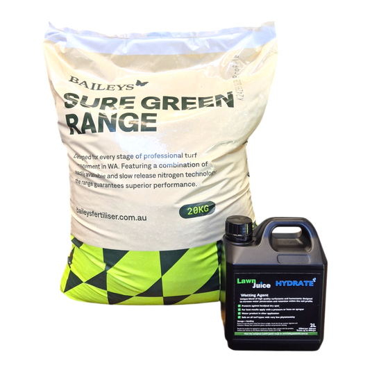 Summer Essentials Mini-Prill bundle – Baileys SureGreen Profile 20kg and Lawn Juice Hydrate 2L wetting agent hero shot