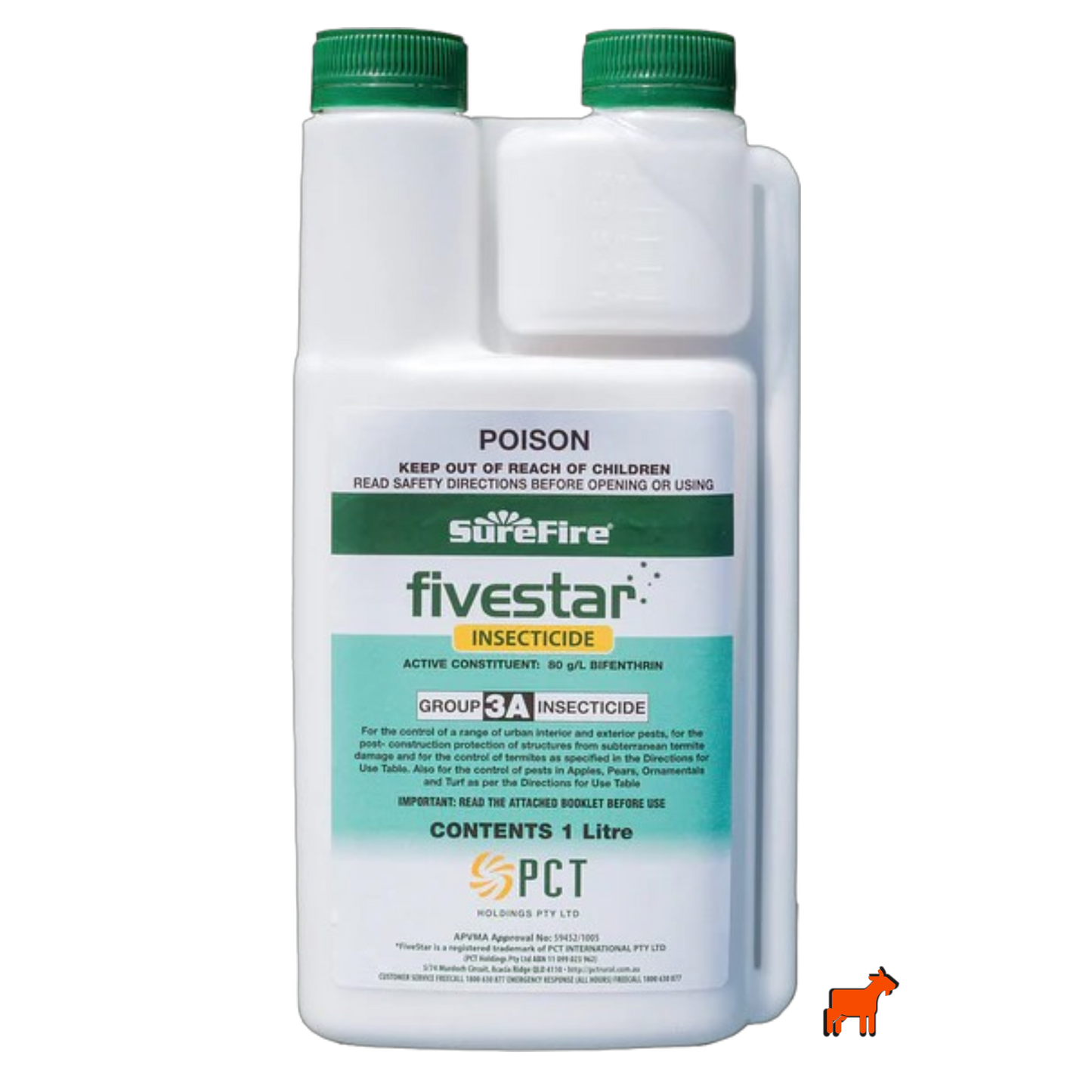 Surefire Five Star 80g/L Bifenthrin water-based insecticide 1L – low odour formula for spiders, ants, beetles and lawn grubs