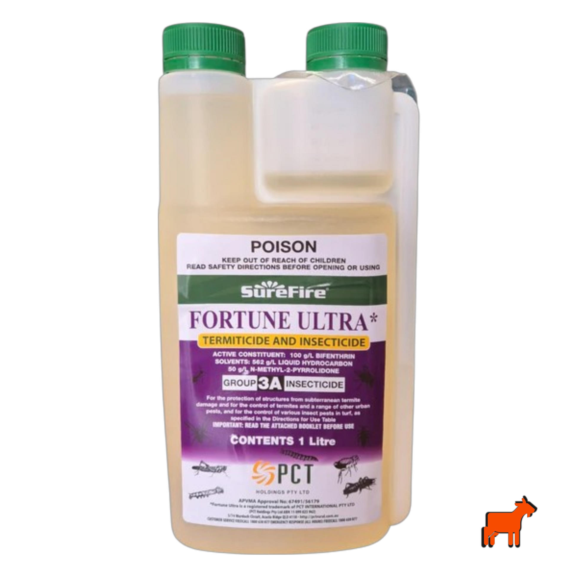 Surefire Fortune Ultra Bifenthrin insecticide bottle for armyworm, lawn grubs, black beetle and termite control in Australian lawns