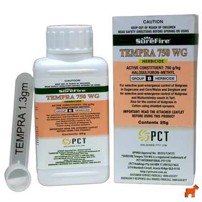 Surefire Tempra 750 WG 25g granular herbicide sachet for selective nutgrass and Mullumbimby couch control in Australian lawns