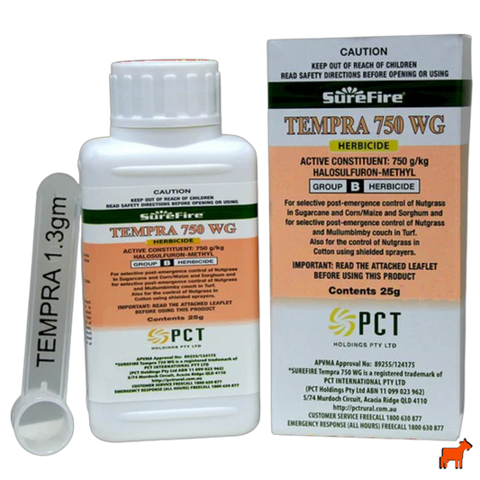 Surefire Tempra 750 WG 25g granular herbicide sachet for selective nutgrass and Mullumbimby couch control in Australian lawns