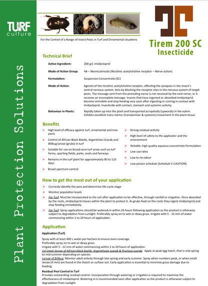 Tirem 200 SC Insecticide info sheet showing application rates and pest control targets for turf