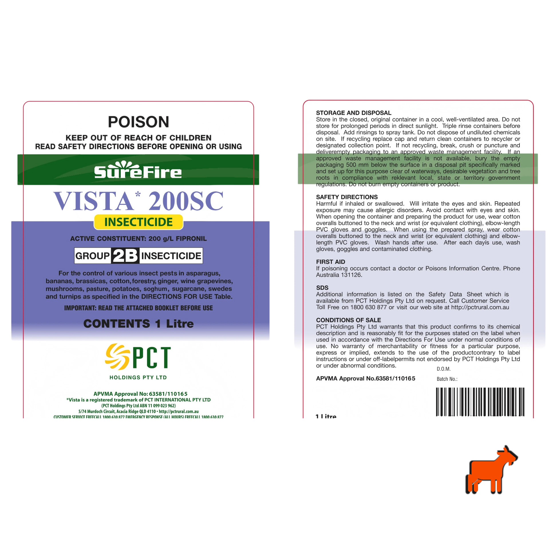 Vista 200SC Fipronil insecticide label showing 200g/L active ingredient and application instructions
