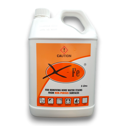 X-Fe 5L bore water iron stain remover for larger non-porous surface areas – tiles, fibreglass and painted surfaces